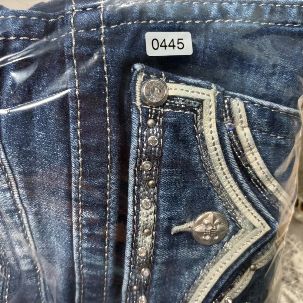 Y2K Mcbling Trashy Sleaze Miss Me Rhinestone Embellished Cuffed Denim Shorts 27